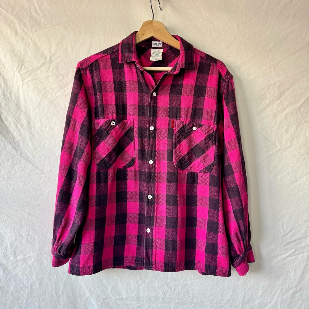 Vintage 80s French Naf Naf Paris Pink Buffalo Plaid Shirt L
